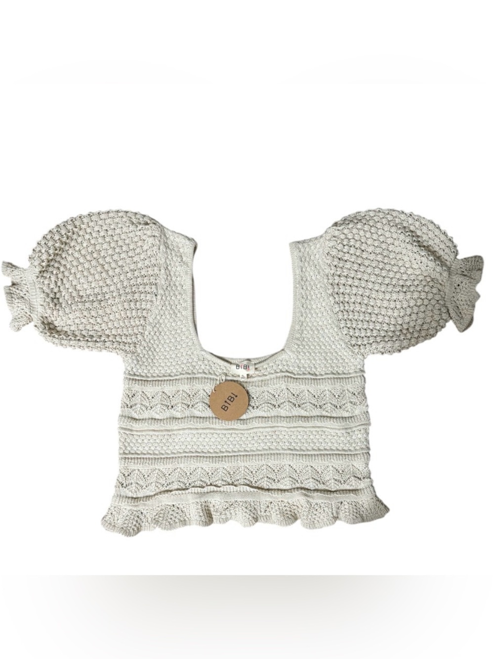 BIBI NWT Cream Open-Knit Sweater Top with Puffy Ruffle Sleeves